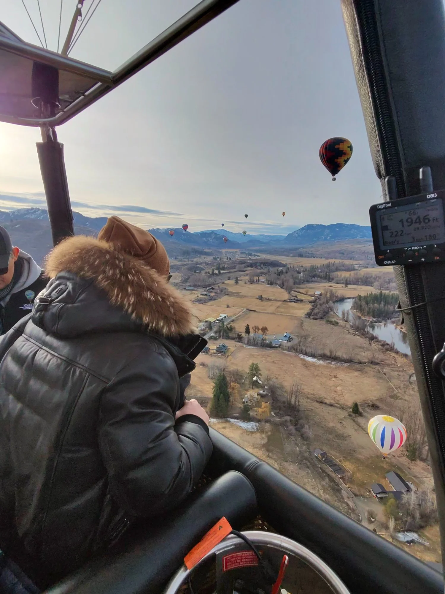 Hot air balloons over Winthrop in winter